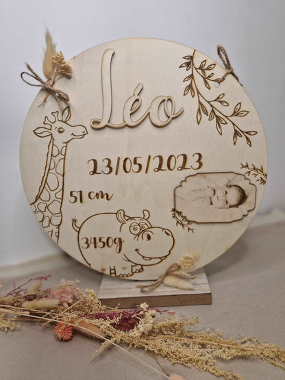 Disque Naissance de bébé en bois gravé - Mon Objet Personnalisé