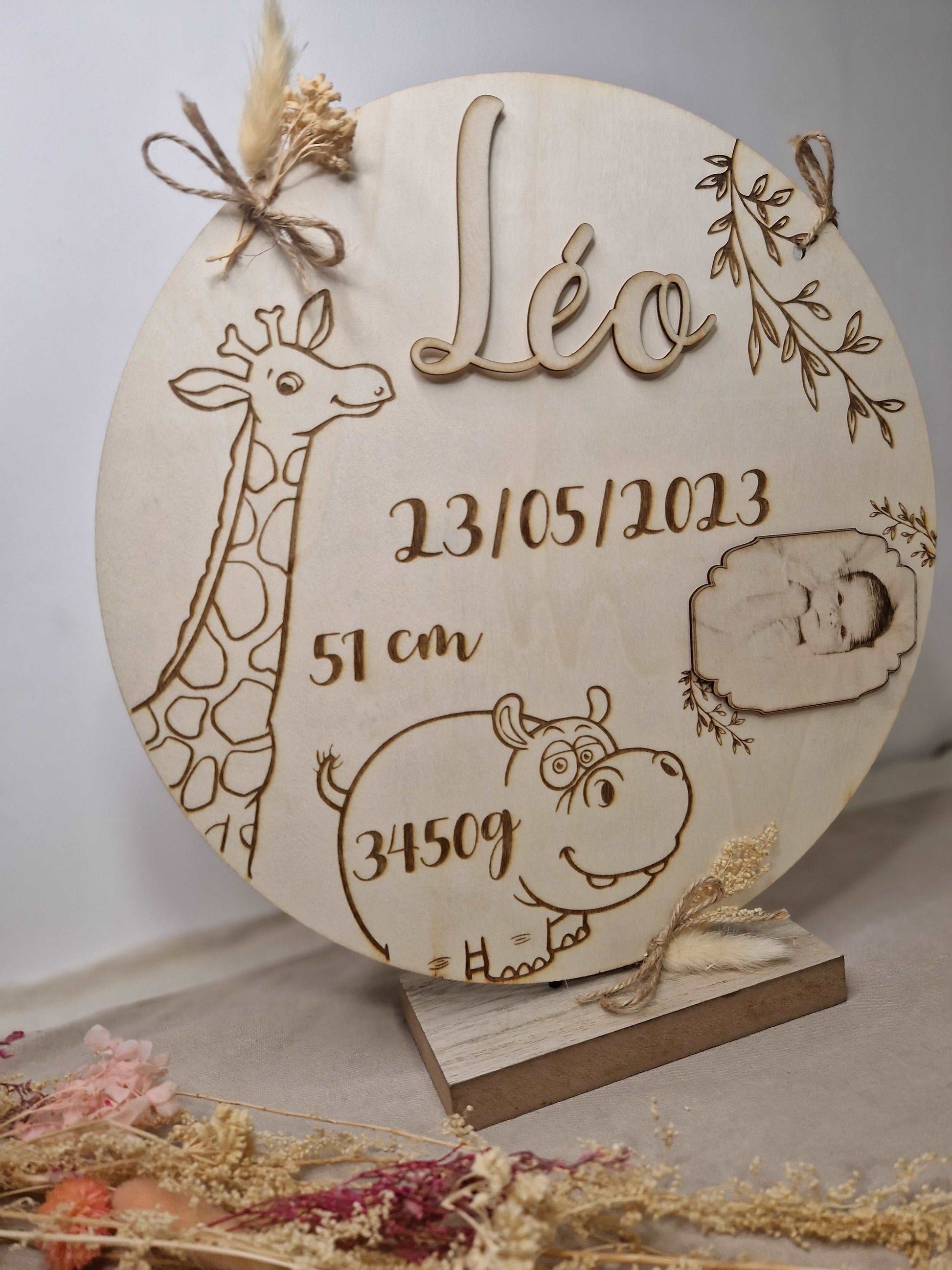 Disque Naissance de bébé en bois gravé - Mon Objet Personnalisé