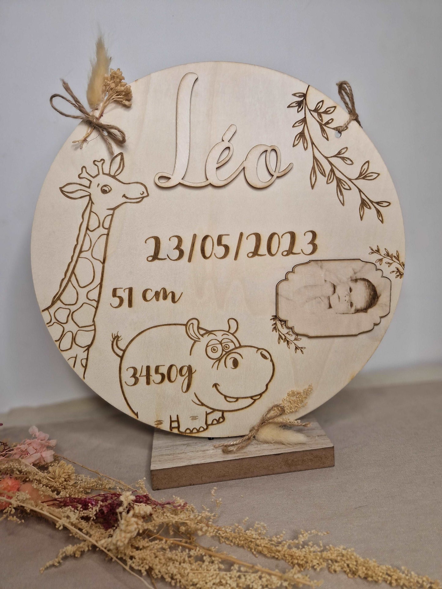 Disque Naissance de bébé en bois gravé - Mon Objet Personnalisé