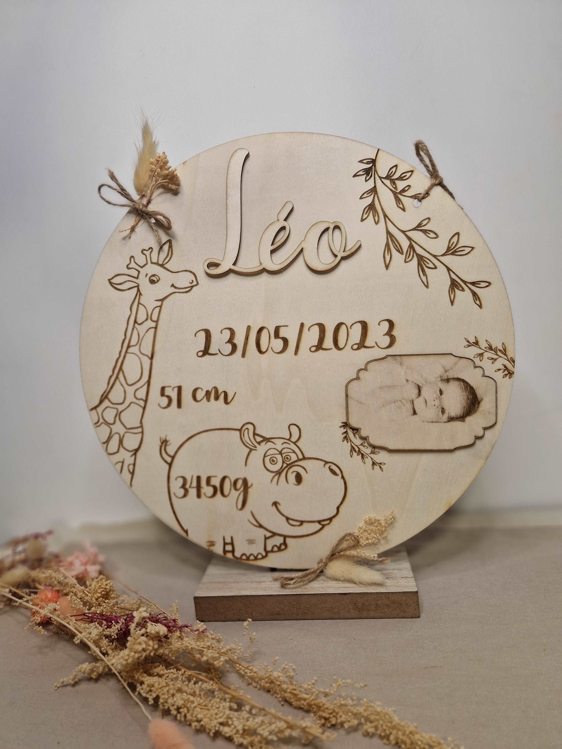 Disque Naissance de bébé en bois gravé - Mon Objet Personnalisé