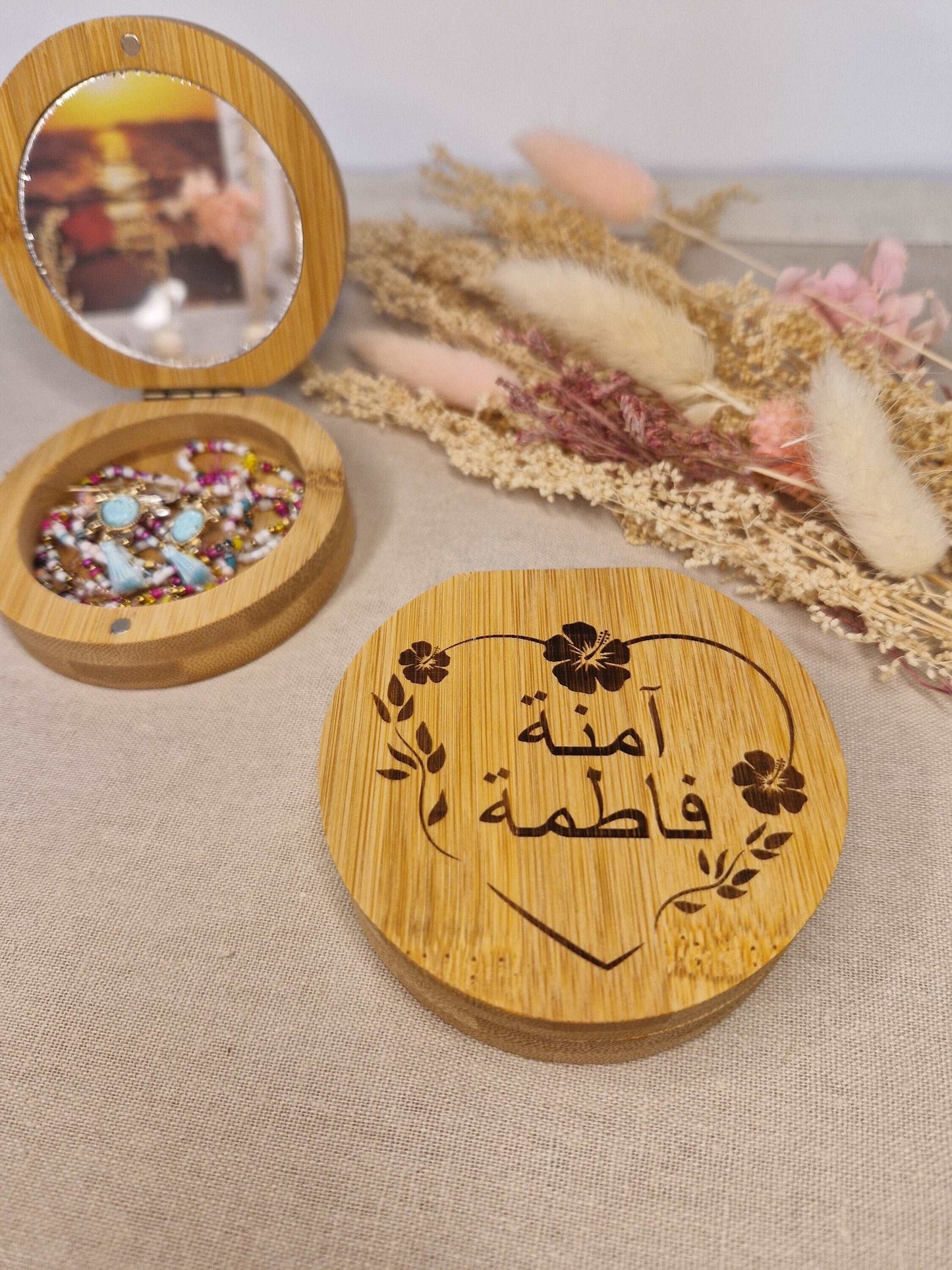 Miroir de poche en bois 2 en 1, boite coffret à bijoux personnalisé - Mon Objet Personnalisé