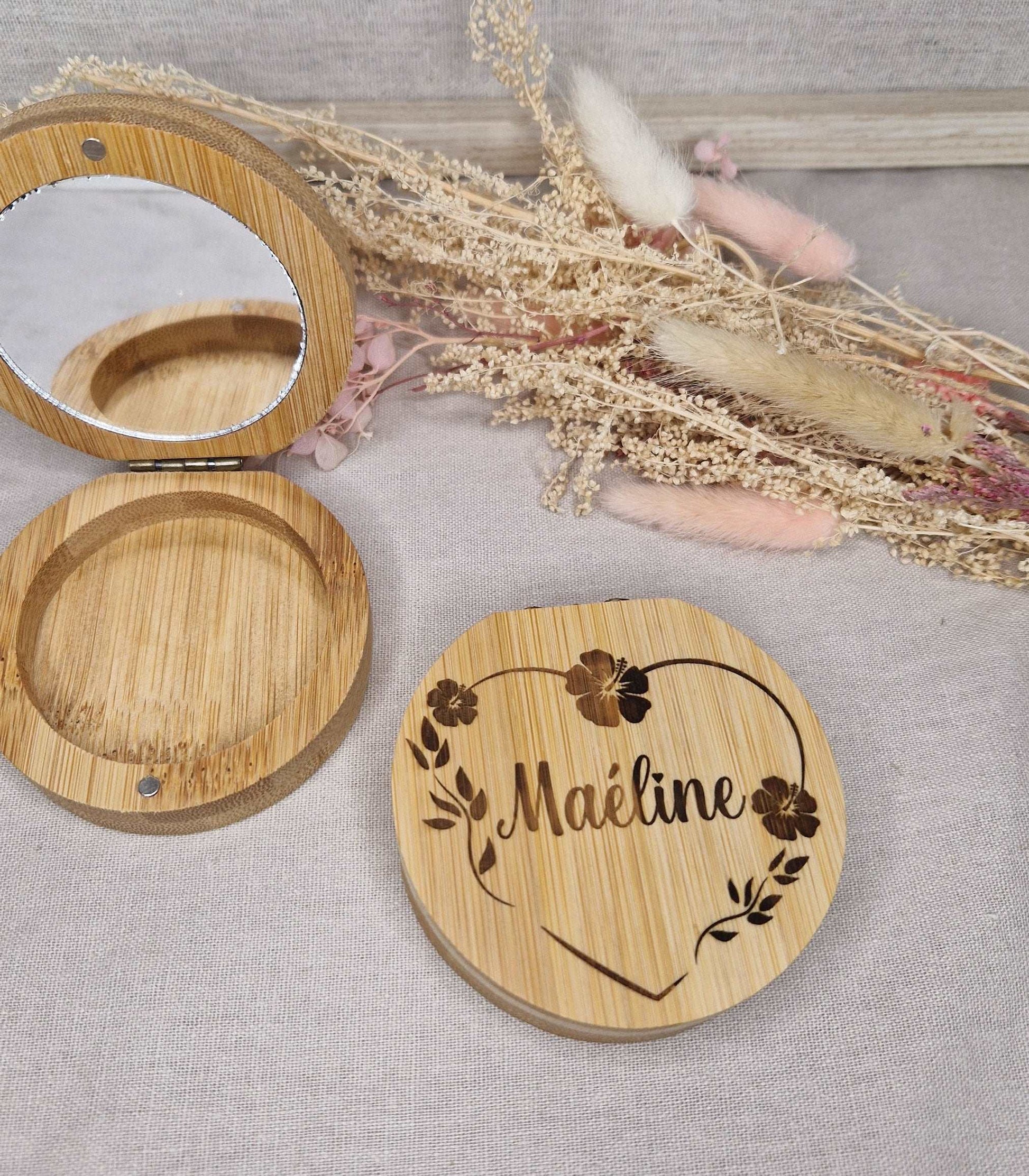 Miroir de poche en bois 2 en 1, boite coffret à bijoux personnalisé - Mon Objet Personnalisé