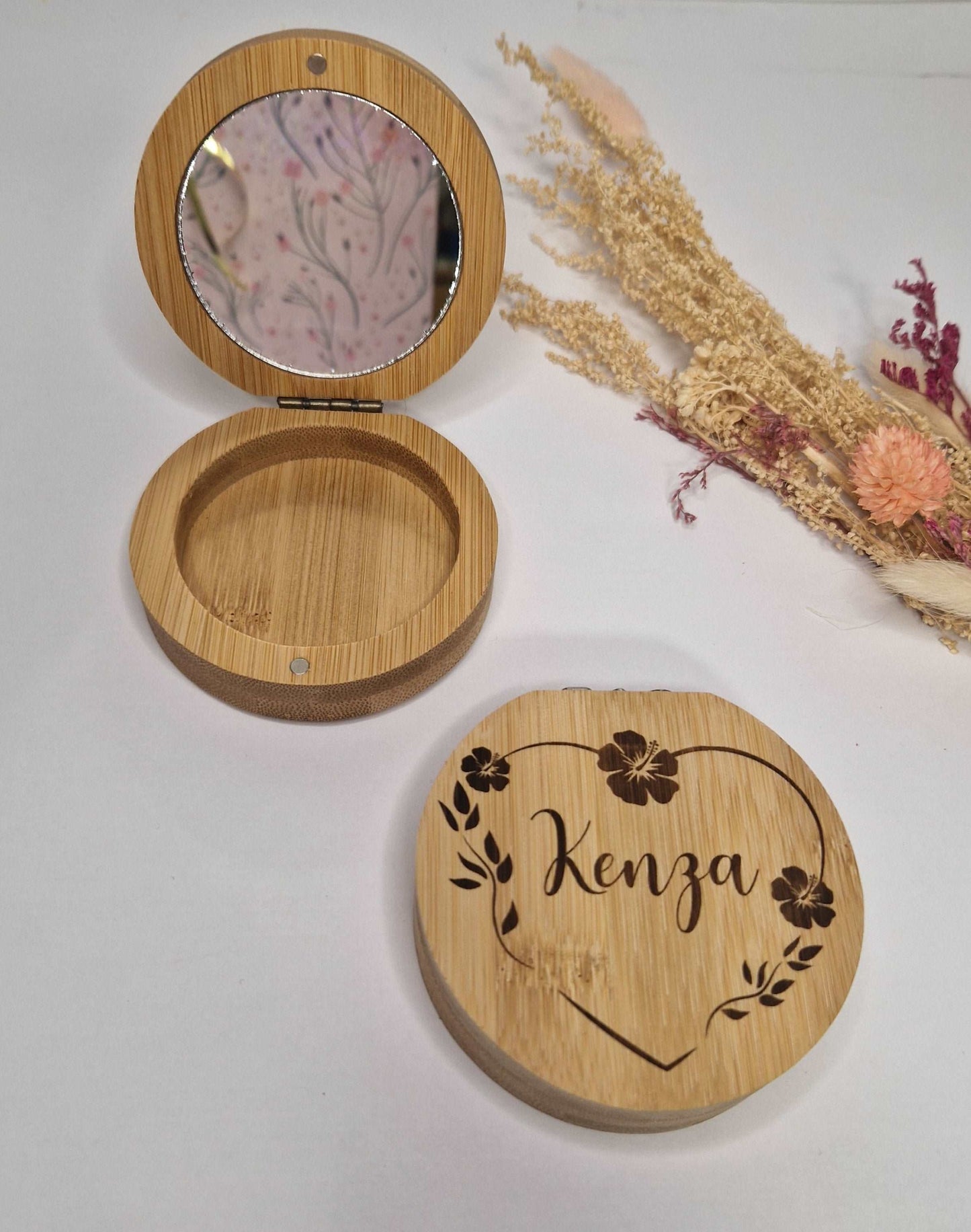 Miroir de poche en bois 2 en 1, boite coffret à bijoux personnalisé - Mon Objet Personnalisé