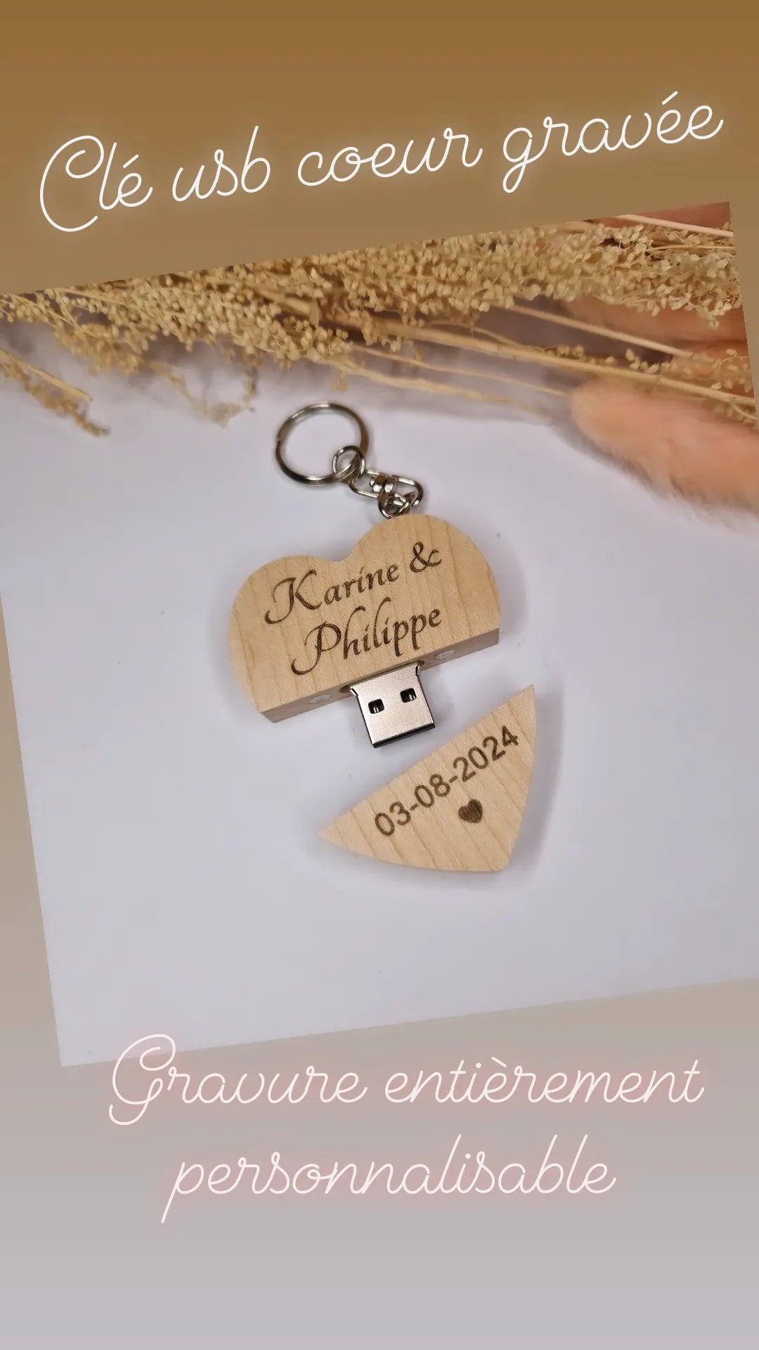 Clé USB porte clé COEUR en bois gravé - Mon Objet Personnalisé