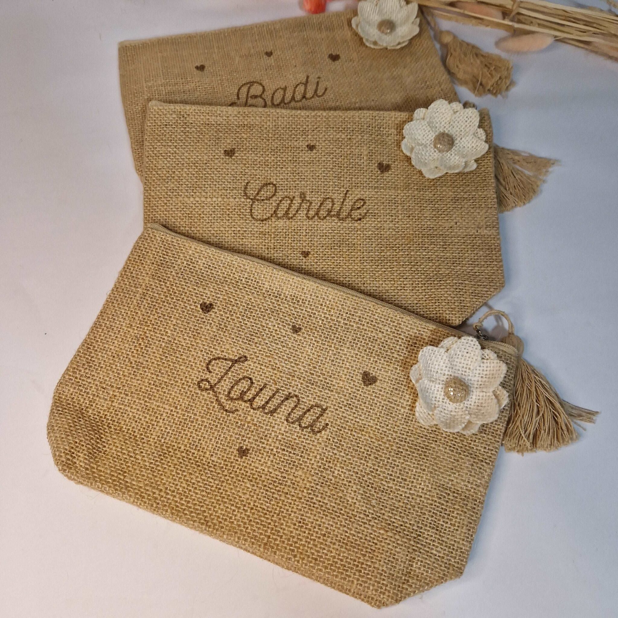 trousse pochette en toile de jute personnalise prénom mon objet perso