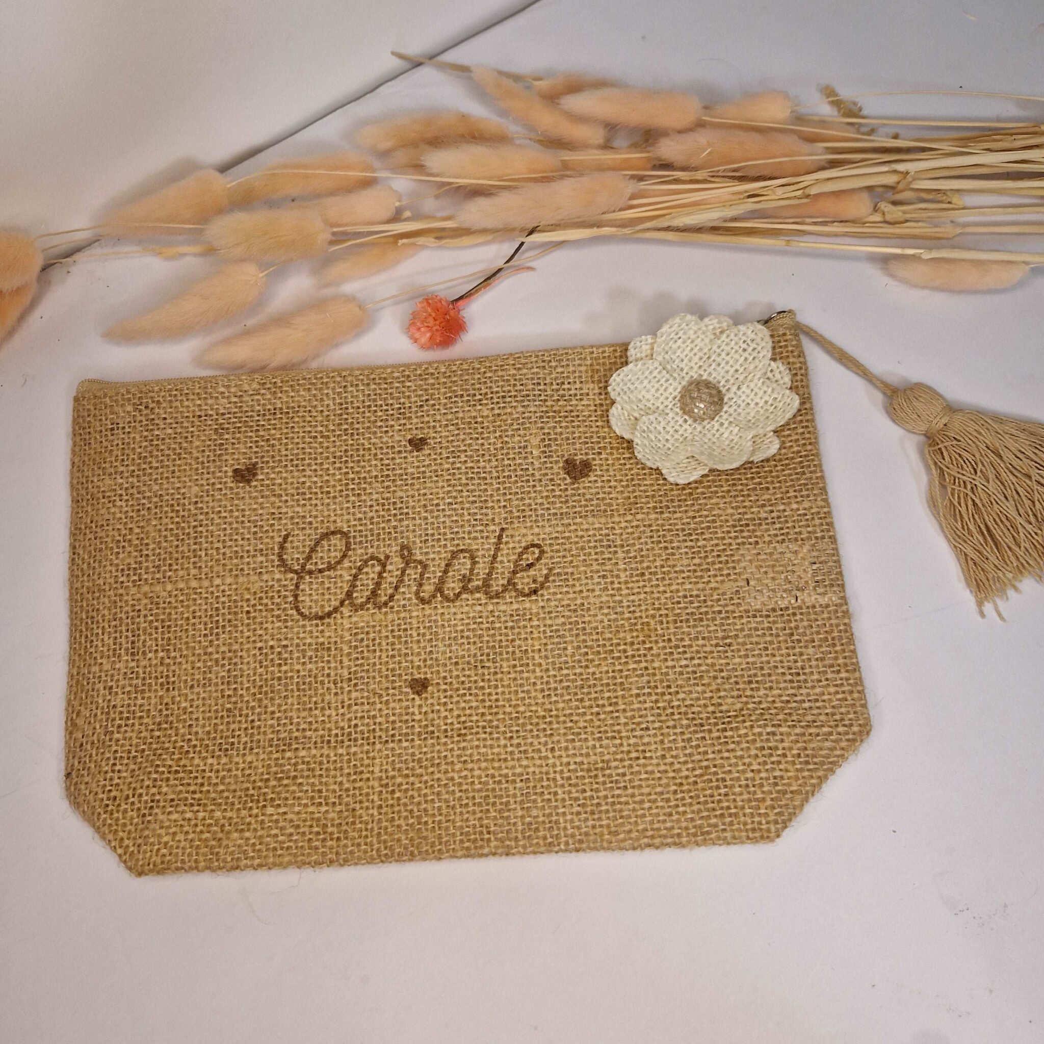 trousse pochette en toile de jute personnalise prénom mon objet perso