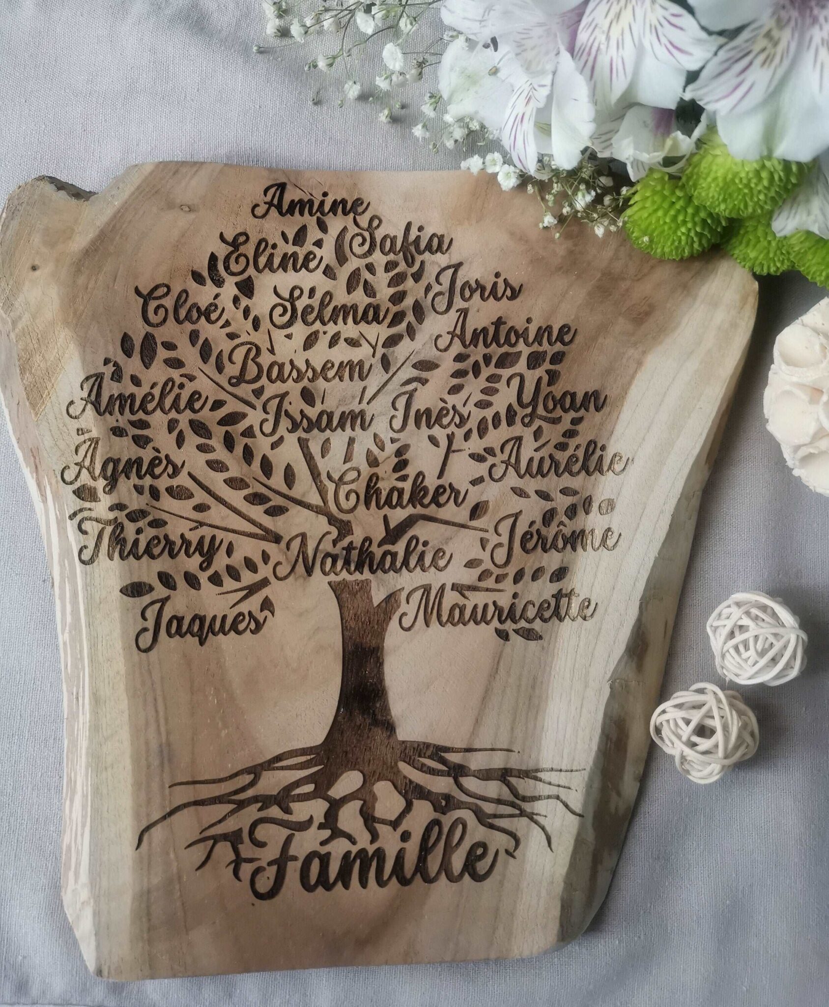 planche de bois teck grave arbre genealogique personnalise cadeau famille mon objet perso