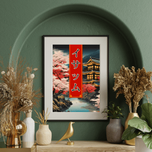 Affiche personnalisée avec votre prénom en Katakana, déco murale paysage asiatique japonais, manga art retro poster cadre tableau cadeau homme femme adolescent