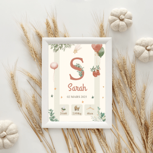 Affiche personnalisée bébé prénom date heure poids taille décoration chambre enfant fille garçon thème lune étoiles cadeau de personnalisé Sarah