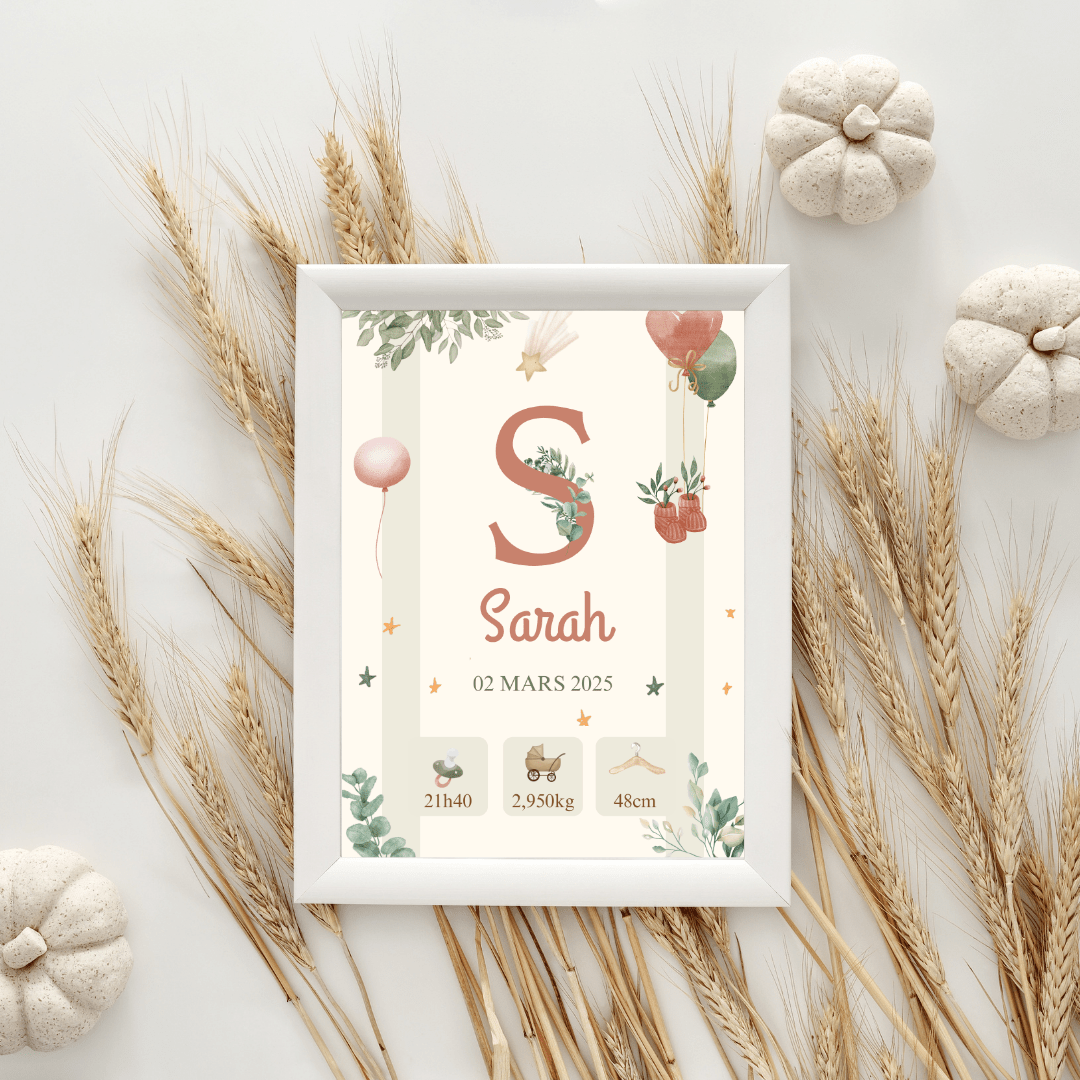 Affiche personnalisée bébé prénom date heure poids taille décoration chambre enfant fille garçon thème lune étoiles cadeau de personnalisé Sarah