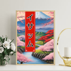 Affiche personnalisée avec votre prénom en Katakana, déco murale paysage asiatique japonais mont fuji fleurs de cerisiers, manga art retro poster cadre tableau cadeau homme femme adolescent