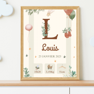 Affiche personnalisée bébé prénom date heure poids taille décoration chambre enfant fille garçon thème lune étoiles cadeau de personnalisé Louis