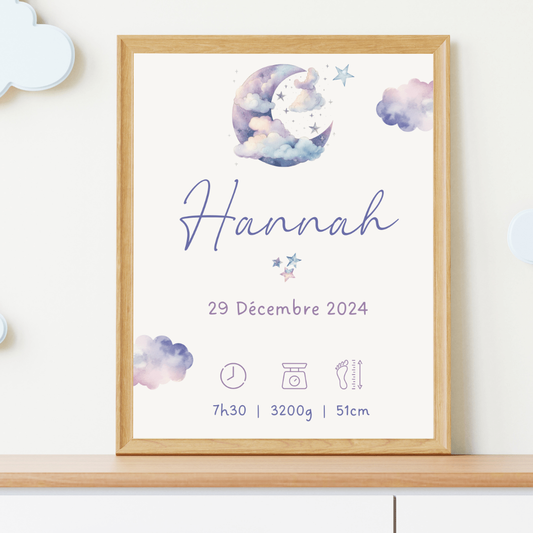 Affiche personnalisée bébé prénom date heure poids taille décoration chambre enfant fille garçon thème lune étoiles cadeau de naissance personnalisé Gabriel