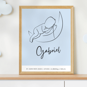 Affiche tableau cadre poster minimaliste personnalisée prénom de bébé, dessin au trait, décoration chambre enfant, cadeau de naissance garçon bébé sur une lune dessiné d'un trait noir fond bleu Gabriel