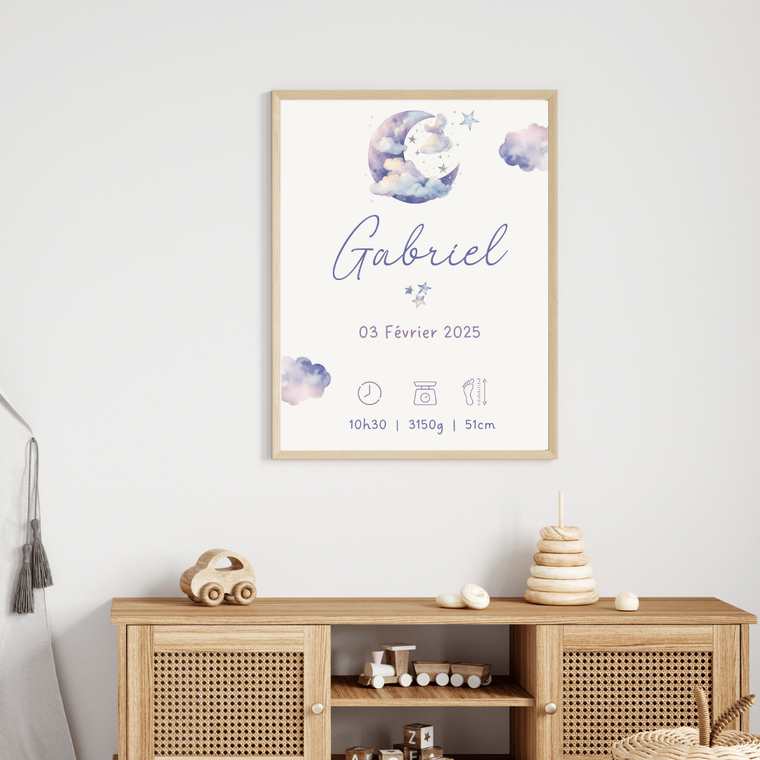 Affiche personnalisée bébé prénom date heure poids taille décoration chambre enfant fille garçon thème lune étoiles cadeau de naissance personnalisé Gabriel