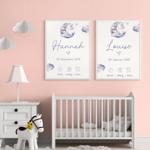 Affiche personnalisée bébé prénom date heure poids taille décoration chambre enfant fille garçon thème lune étoiles cadeau de naissance personnalisé