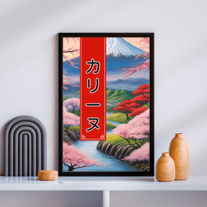 Affiche personnalisée avec votre prénom en Katakana, déco murale paysage asiatique japonais mont fuji fleurs de cerisiers, manga art retro poster cadre tableau cadeau homme femme adolescent