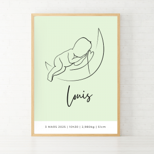 Affiche tableau cadre poster minimaliste personnalisée prénom de bébé, dessin au trait, décoration chambre enfant, cadeau de naissance garçon bébé sur une lune dessiné d'un trait noir fond vert clair louis
