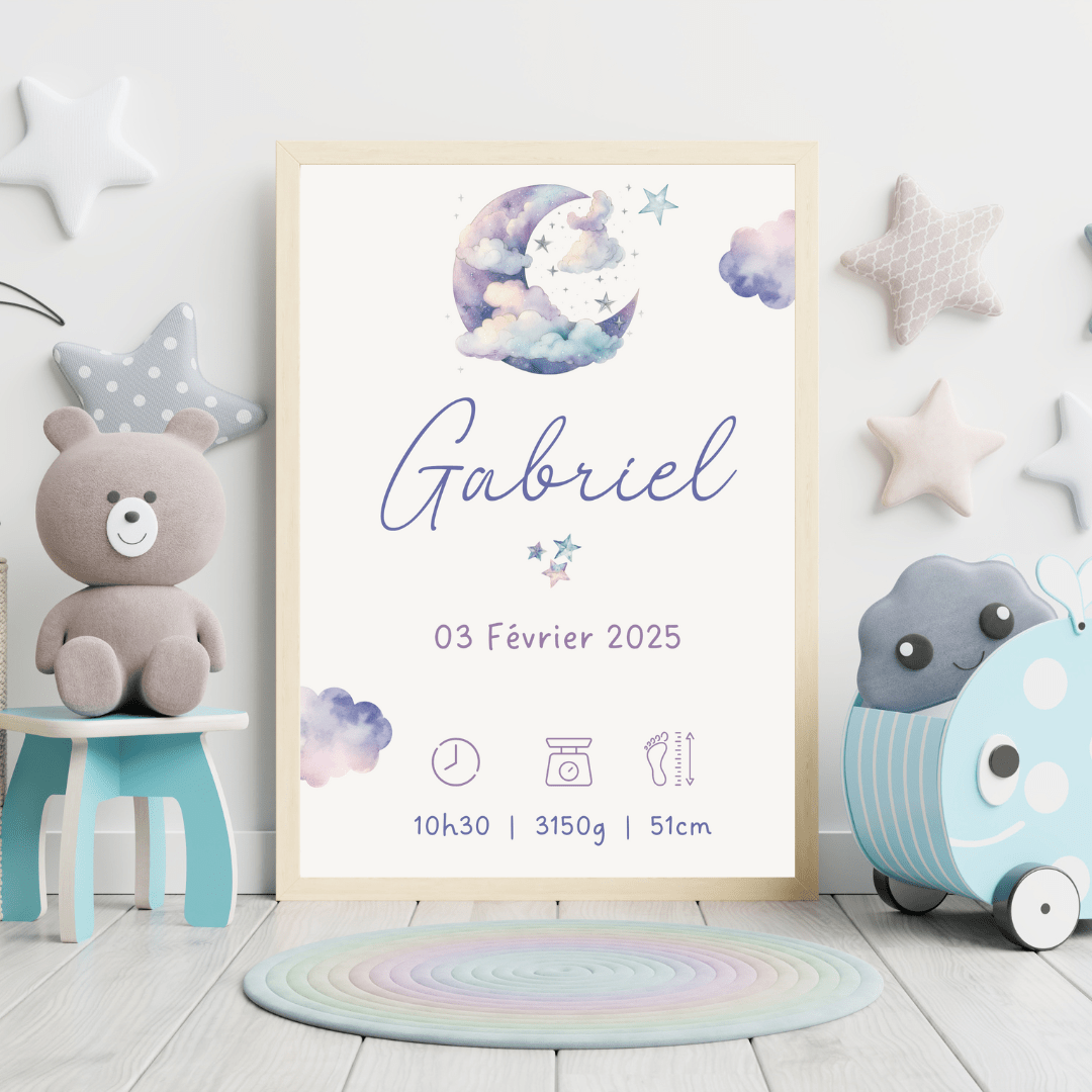 Affiche personnalisée bébé prénom date heure poids taille décoration chambre enfant fille garçon thème lune étoiles cadeau de naissance personnalisé Gabriel