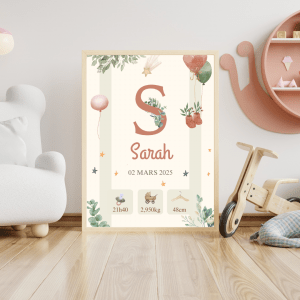 Affiche personnalisée bébé prénom date heure poids taille décoration chambre enfant fille garçon thème lune étoiles cadeau de personnalisé Sarah
