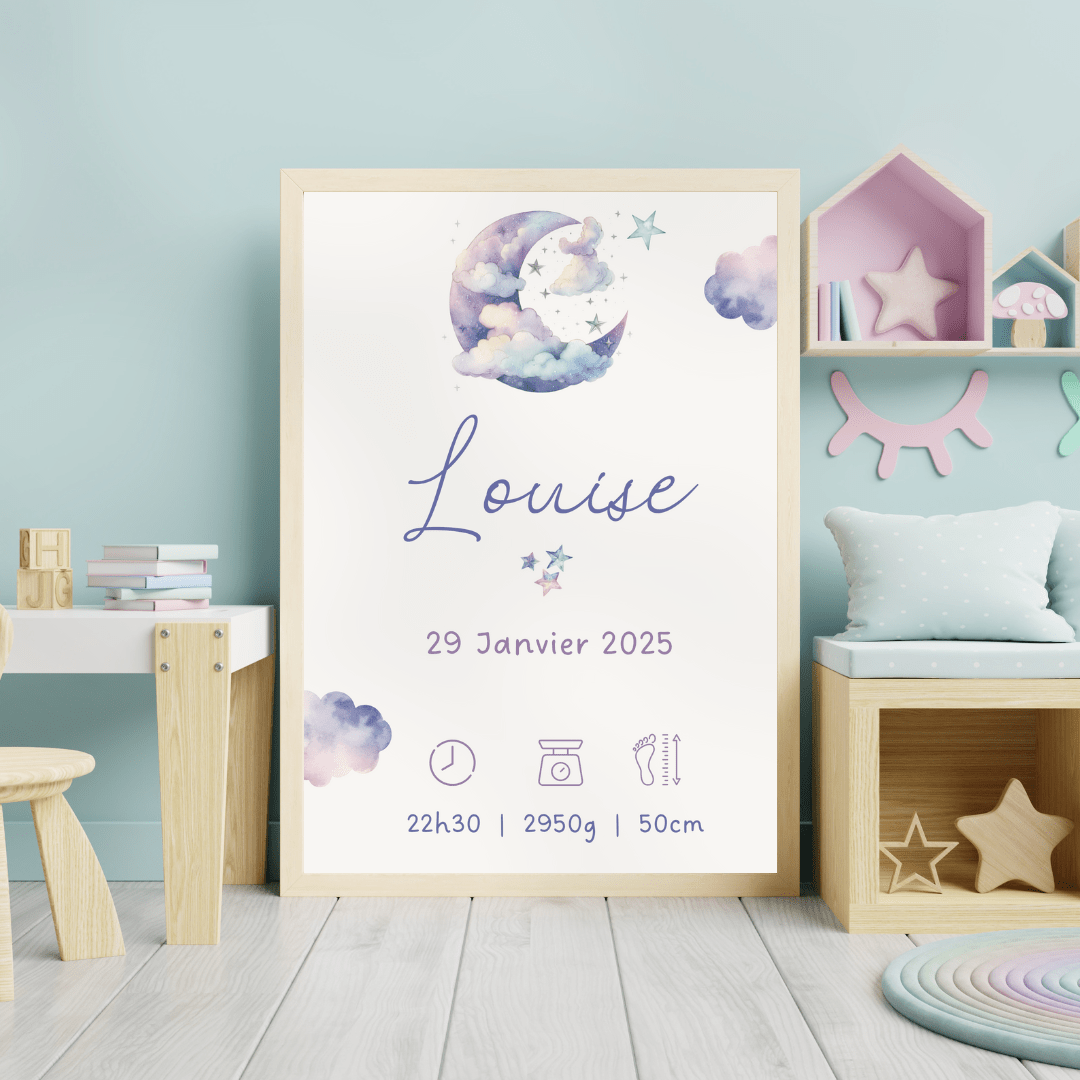 Affiche personnalisée bébé prénom date heure poids taille décoration chambre enfant fille garçon thème lune étoiles cadeau de naissance personnalisé