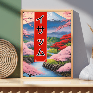 Affiche personnalisée avec votre prénom en Katakana, déco murale paysage asiatique japonais mont fuji fleurs de cerisiers, manga art retro poster cadre tableau cadeau homme femme adolescent