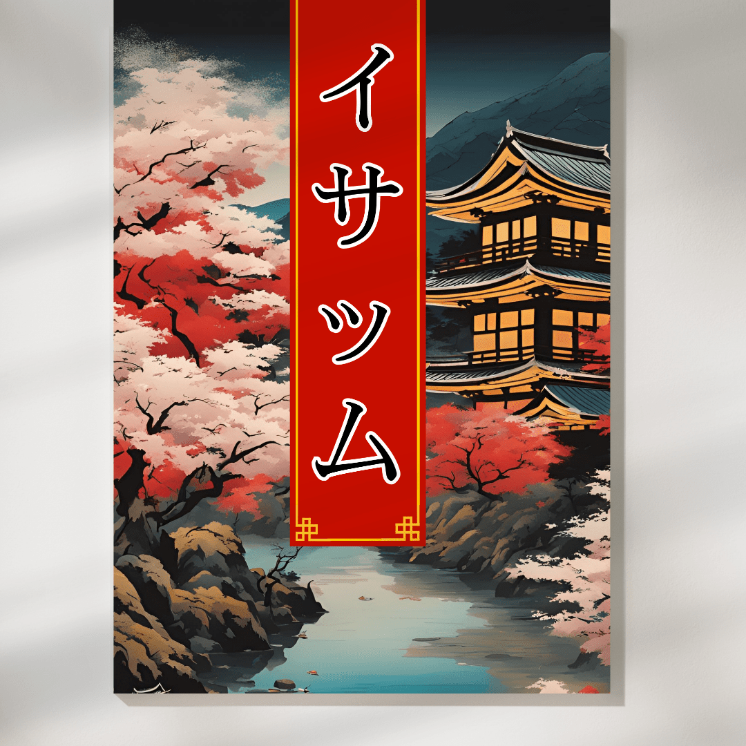 Affiche personnalisée avec votre prénom en Katakana, déco murale paysage asiatique japonais, manga art retro poster cadre tableau cadeau homme femme adolescent