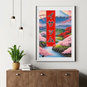 Affiche personnalisée avec votre prénom en Katakana, déco murale paysage asiatique japonais mont fuji fleurs de cerisiers, manga art retro poster cadre tableau cadeau homme femme adolescent