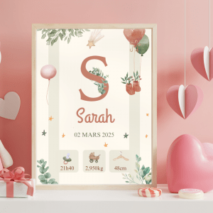 Affiche personnalisée bébé prénom date heure poids taille décoration chambre enfant fille garçon thème lune étoiles cadeau de personnalisé Sarah