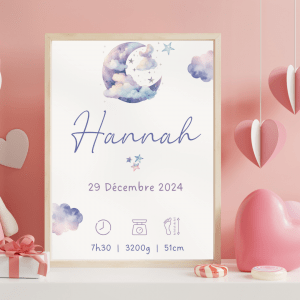 Affiche personnalisée bébé prénom date heure poids taille décoration chambre enfant fille garçon thème lune étoiles cadeau de naissance personnalisé