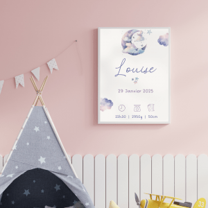 Affiche personnalisée bébé prénom date heure poids taille décoration chambre enfant fille garçon thème lune étoiles cadeau de naissance personnalisé Louise