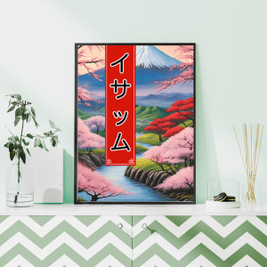 Affiche personnalisée avec votre prénom en Katakana, déco murale paysage asiatique japonais mont fuji fleurs de cerisiers, manga art retro poster cadre tableau cadeau homme femme adolescent