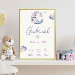 Affiche personnalisée bébé prénom date heure poids taille décoration chambre enfant fille garçon thème lune étoiles cadeau de naissance personnalisé