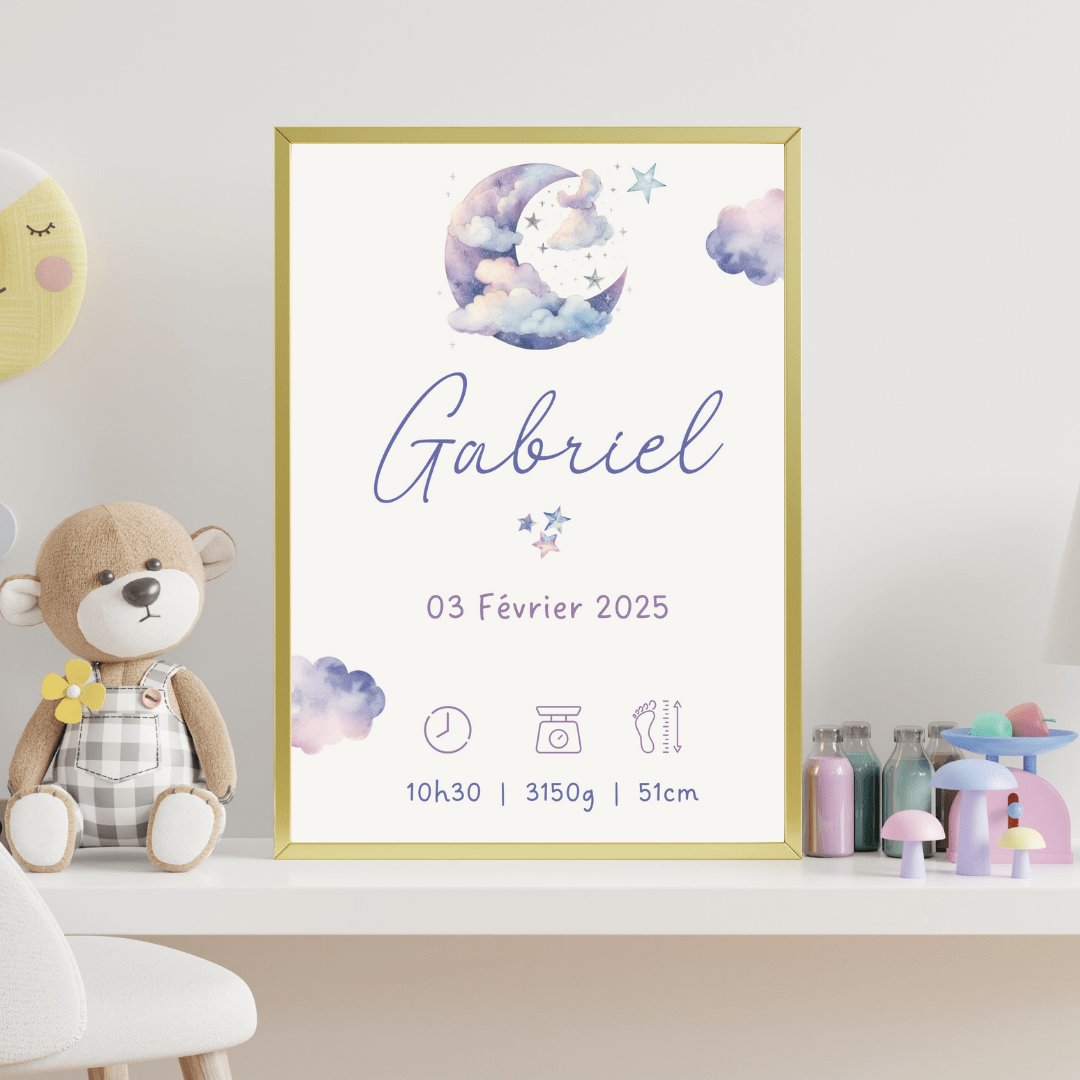 Affiche personnalisée bébé prénom date heure poids taille décoration chambre enfant fille garçon thème lune étoiles cadeau de naissance personnalisé