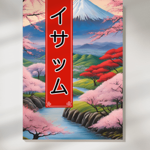 Affiche personnalisée avec votre prénom en Katakana, déco murale paysage asiatique japonais mont fuji fleurs de cerisiers, manga art retro poster cadre tableau cadeau homme femme adolescent