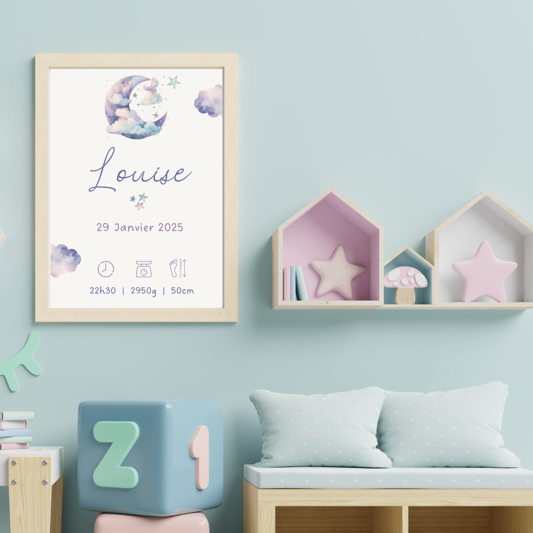 Affiche personnalisée bébé prénom date heure poids taille décoration chambre enfant fille garçon thème lune étoiles cadeau de naissance personnalisé Louise