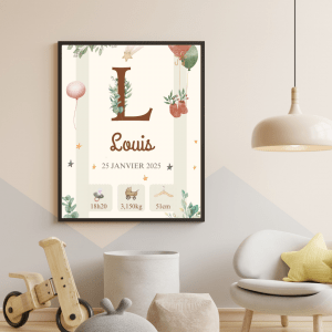 Affiche personnalisée bébé prénom date heure poids taille décoration chambre enfant fille garçon thème lune étoiles cadeau de personnalisé Louis