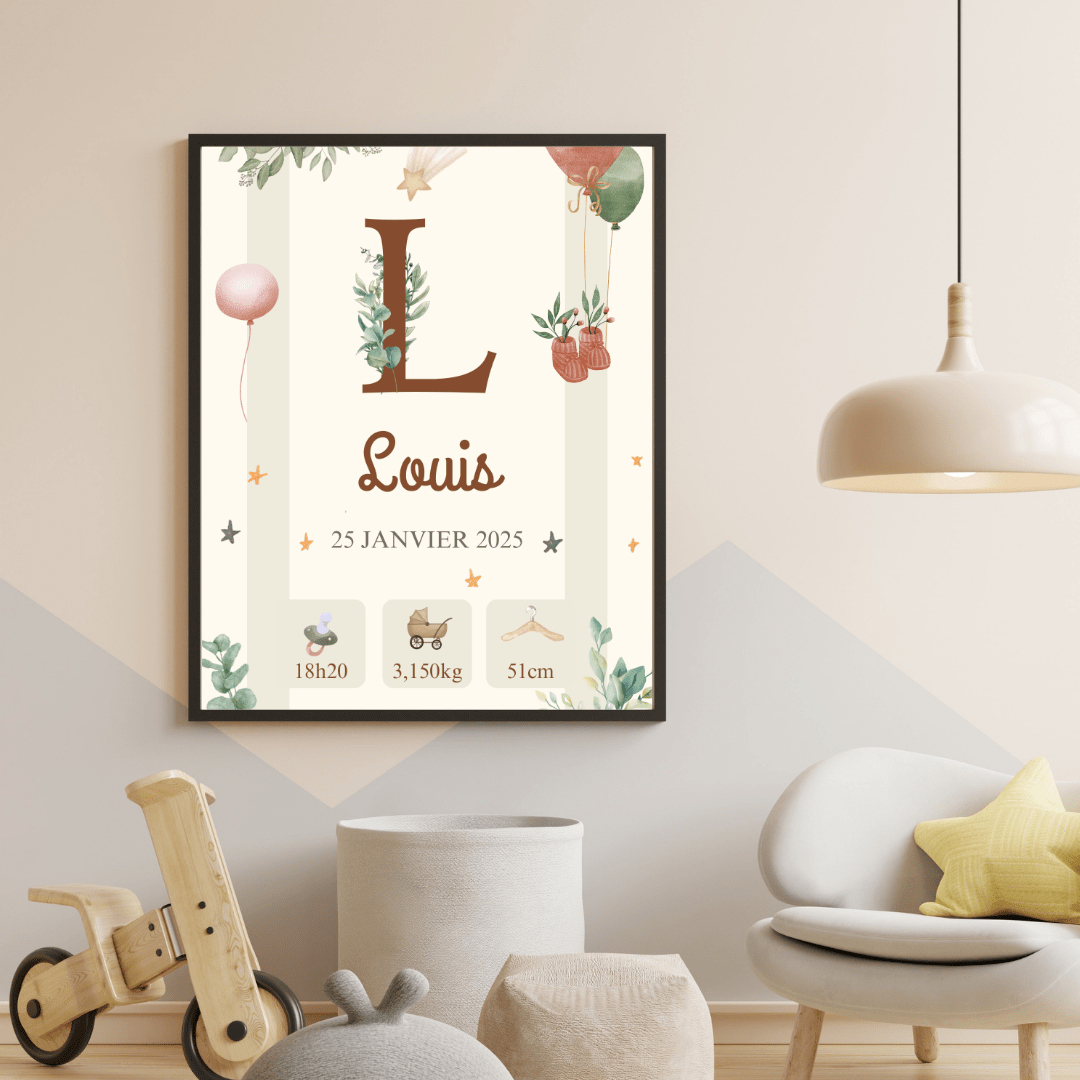 Affiche personnalisée bébé prénom date heure poids taille décoration chambre enfant fille garçon thème lune étoiles cadeau de personnalisé Louis