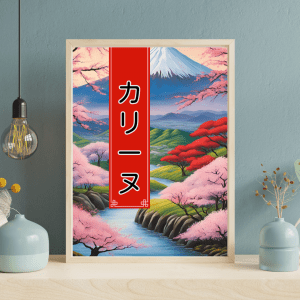 Affiche personnalisée avec votre prénom en Katakana, déco murale paysage asiatique japonais mont fuji fleurs de cerisiers, manga art retro poster cadre tableau cadeau homme femme adolescent