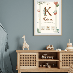 Affiche personnalisée bébé prénom date heure poids taille décoration chambre enfant fille garçon thème lune étoiles cadeau de naissance personnalisé Kassim